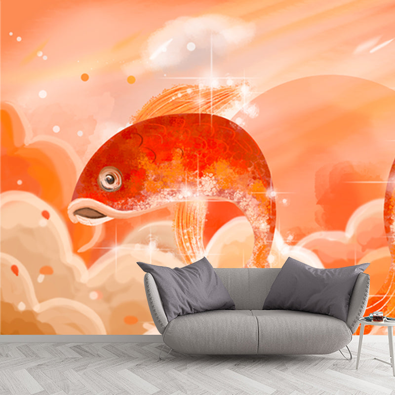 Orange Carp Leap Wall Mural Moisture Resistant Chinese Living Room Wall Covering