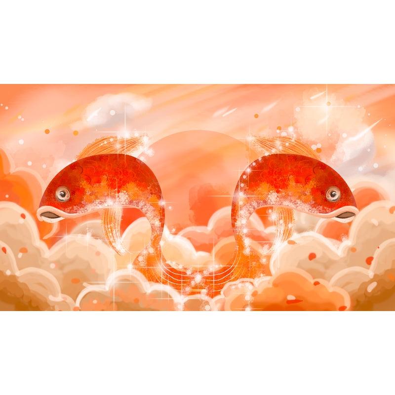 Orange Carp Leap Wall Mural Moisture Resistant Chinese Living Room Wall Covering