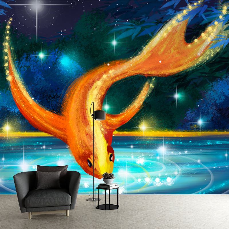 Aqua Night Scenery Wallpaper Mural Goldfish with Sparkling Lake Asian Waterproof Wall Decor