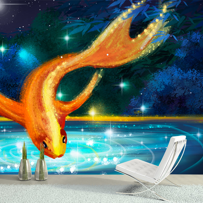 Aqua Night Scenery Wallpaper Mural Goldfish with Sparkling Lake Asian Waterproof Wall Decor