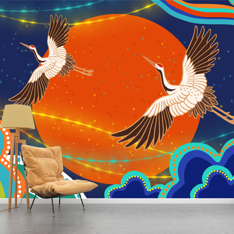 Cranes and Big Moon Mural Decal Orange Chinoiserie Wall Covering for Accent Wall