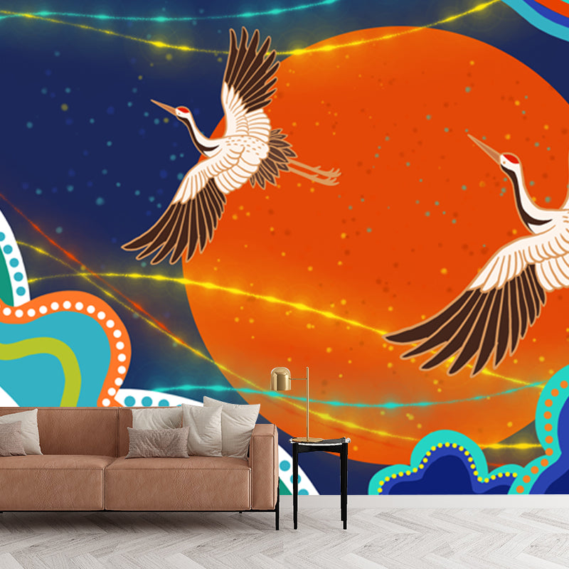 Cranes and Big Moon Mural Decal Orange Chinoiserie Wall Covering for Accent Wall