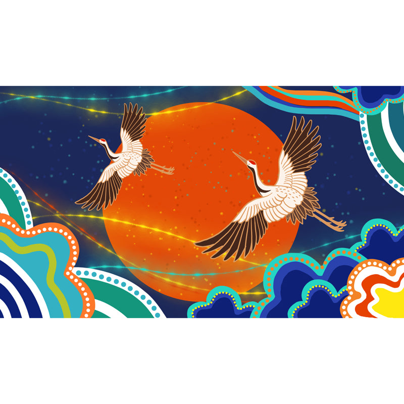 Cranes and Big Moon Mural Decal Orange Chinoiserie Wall Covering for Accent Wall