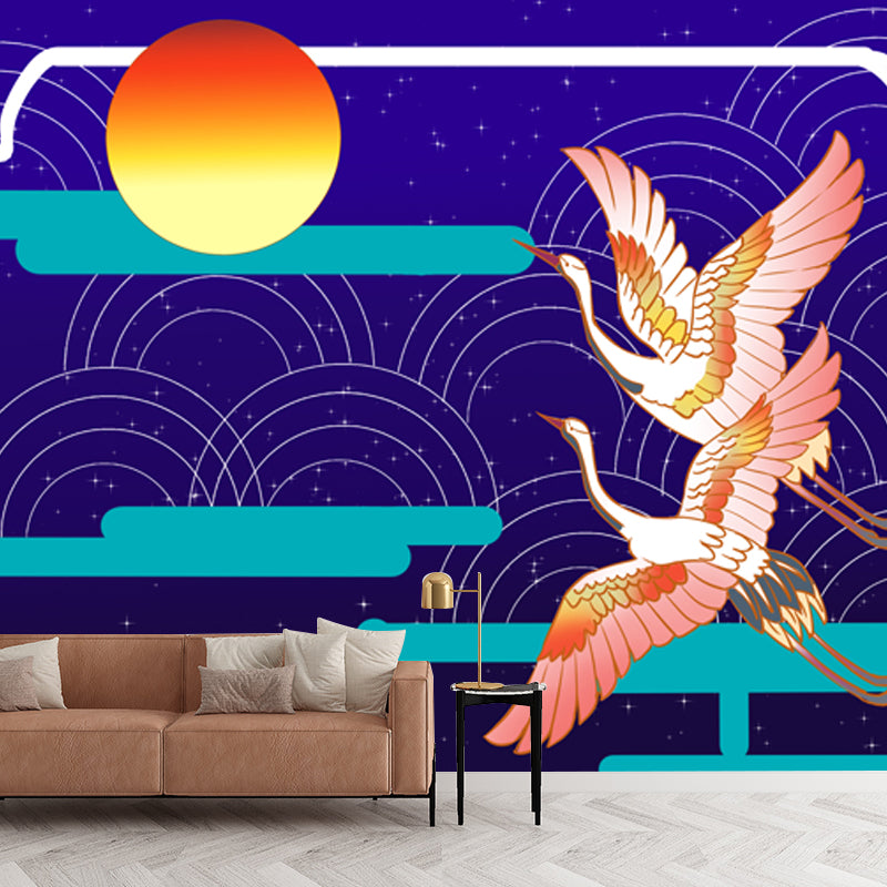 Blue Oriental Wall Covering Mural Large Crane Birds Flying to the Moon Wall Art for Home