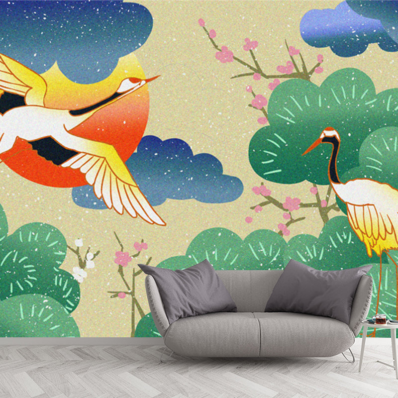 Illustration Red-Crown Cranes Mural for Tearoom, Green, Customized Size Available