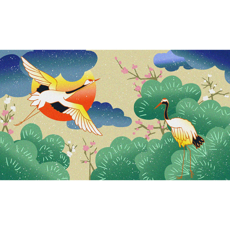 Illustration Red-Crown Cranes Mural for Tearoom, Green, Customized Size Available