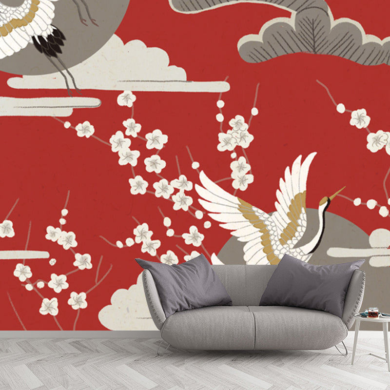 Halcyon and Tower Print Mural Japanese Non-Woven Fabric Wall Decor in Beige on Red