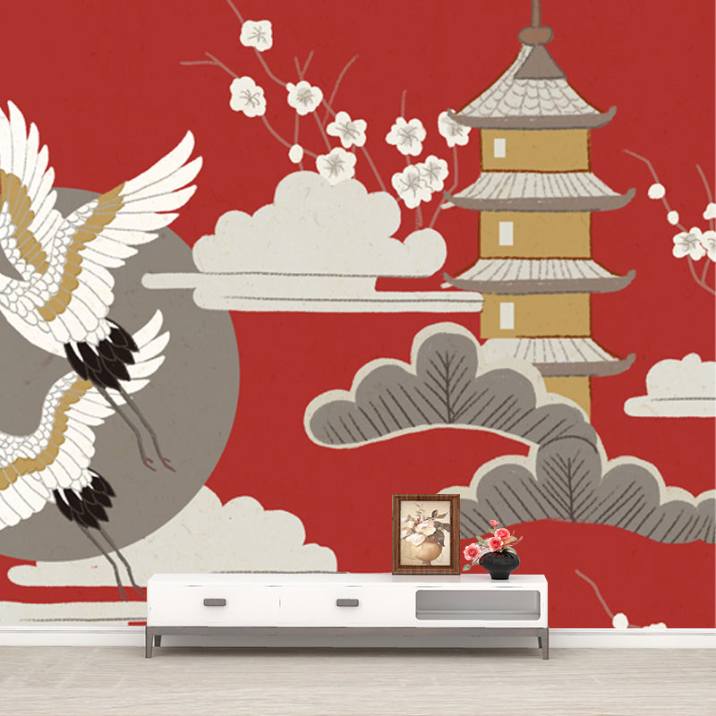 Halcyon and Tower Print Mural Japanese Non-Woven Fabric Wall Decor in Beige on Red