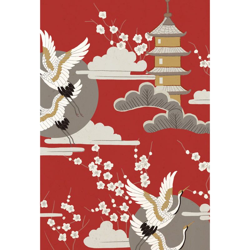 Halcyon and Tower Print Mural Japanese Non-Woven Fabric Wall Decor in Beige on Red