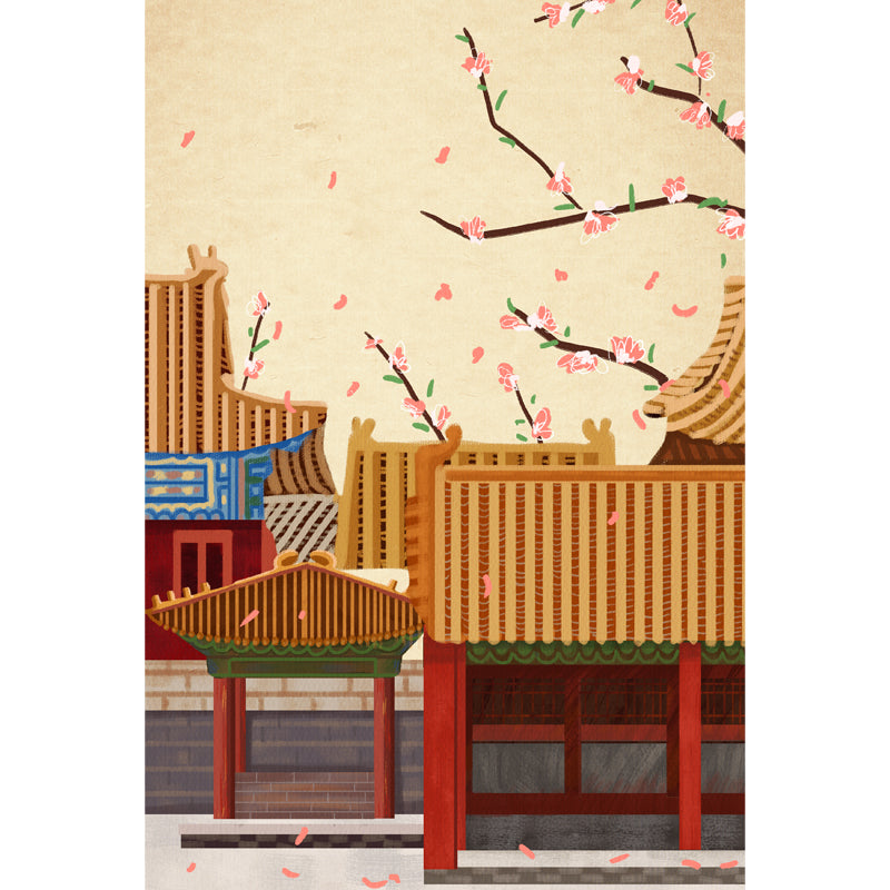 Whole Houses with Blossom Mural Decal Oriental Enchanting Construction Wall Art in Yellow