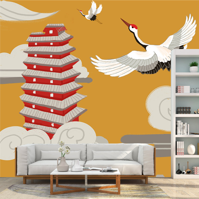 Halcyon and Temple Mural Wallpaper Chinese Smooth Wall Covering in White on Yellow