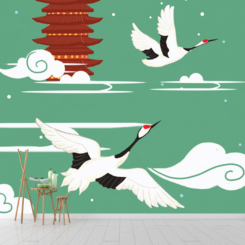 Non-Woven Big Green Mural Chinoiserie Red-Crown Crane and Temple Wall Decor, Custom-Print