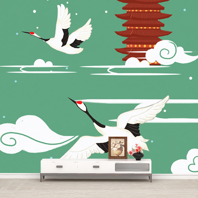 Non-Woven Big Green Mural Chinoiserie Red-Crown Crane and Temple Wall Decor, Custom-Print