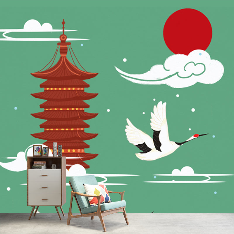 Non-Woven Big Green Mural Chinoiserie Red-Crown Crane and Temple Wall Decor, Custom-Print