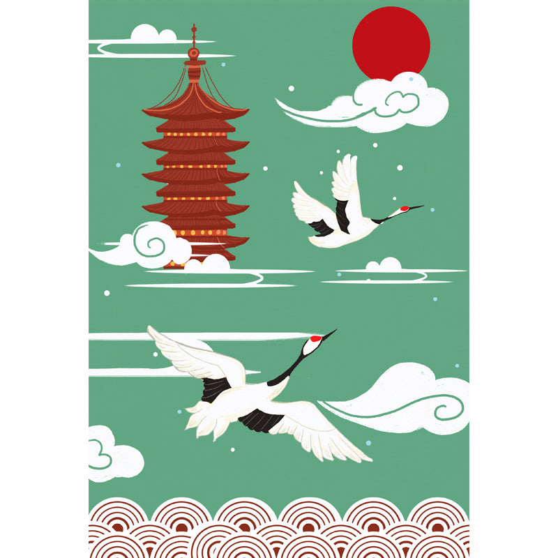 Non-Woven Big Green Mural Chinoiserie Red-Crown Crane and Temple Wall Decor, Custom-Print