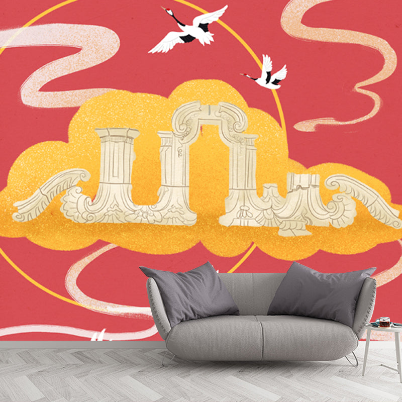 Halcyon Fly over Cloud Mural Decal in Red Chinese Style Wall Covering for Living Room