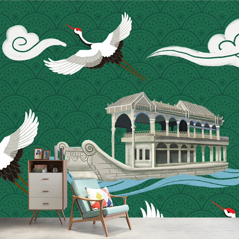 Chinese Houseboat and Halcyon Mural for Tearoom Personalized Wall Art in White-Green