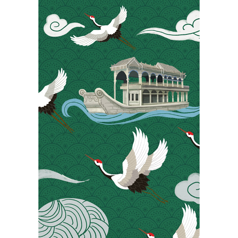 Chinese Houseboat and Halcyon Mural for Tearoom Personalized Wall Art in White-Green