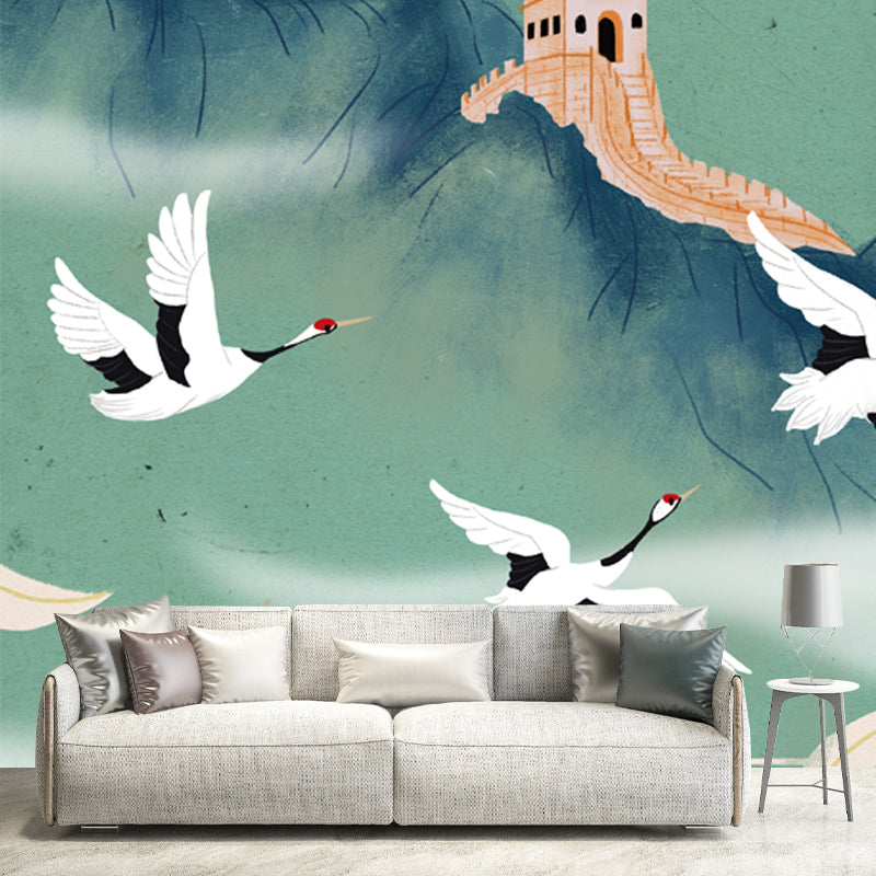 Light Green Oriental Wallpaper Mural Full Size Halcyon and the Great Wall Wall Decor for Home