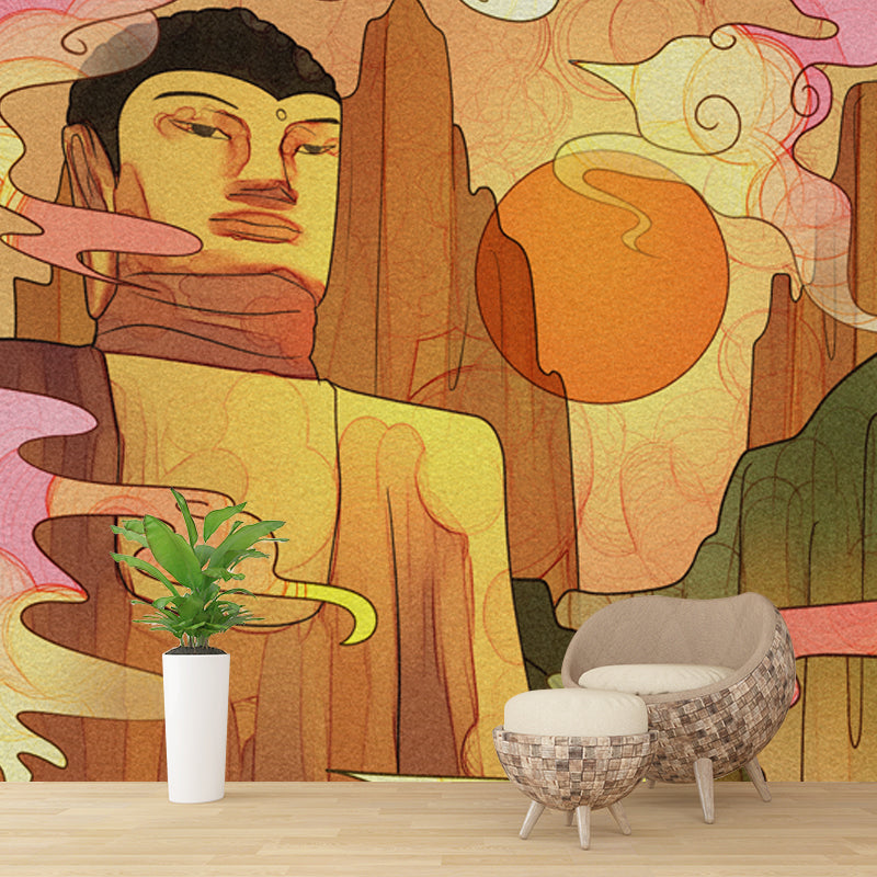 Yellow Rock Buddha Wall Mural Water-Proof Oriental Living Room Wall Art, Made to Measure