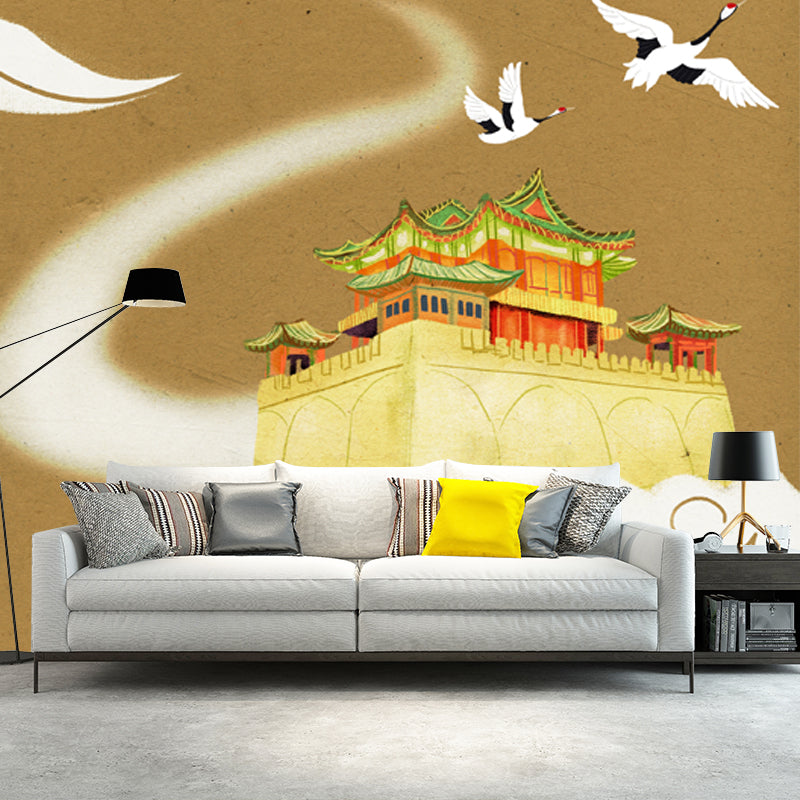 Oriental Floating Palace Wallpaper Mural for Home Customized Wall Covering in Tan