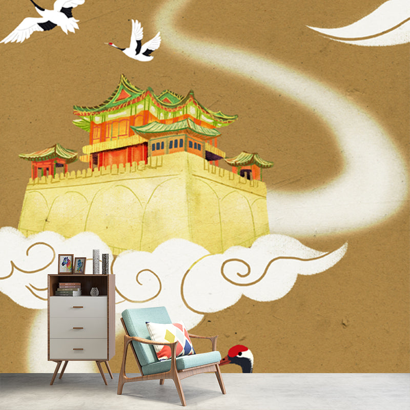 Oriental Floating Palace Wallpaper Mural for Home Customized Wall Covering in Tan