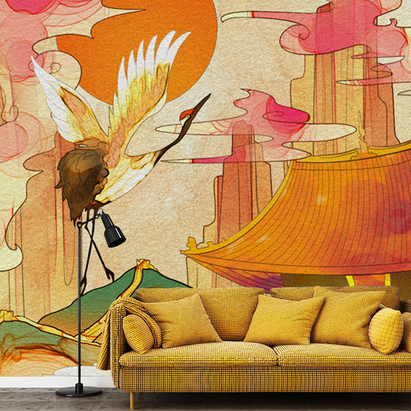 Orange Chinoiserie Wall Paper Mural Large Halcyon and Temple Scenery Wall Decor for Bedroom