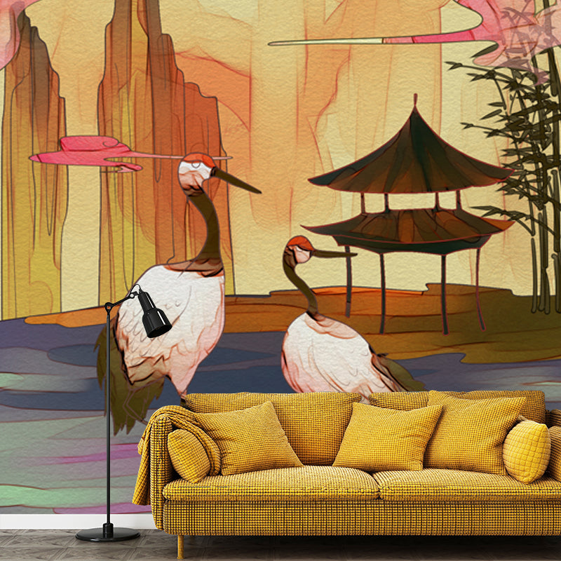 Chinese Halcyon Lake Scene Mural Yellow-Brown Moisture Resistant Wall Art for Tearoom
