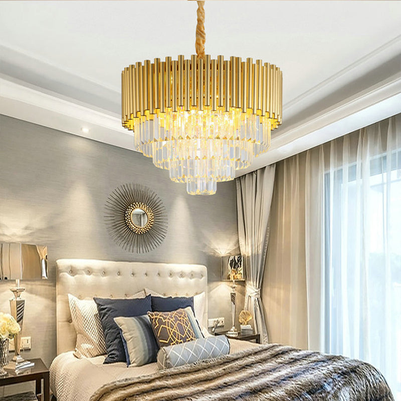 3-Tier Circle Hanging Lamp Contemporary Metal Pendant Chandelier Light with K9 Block in Brass Finish