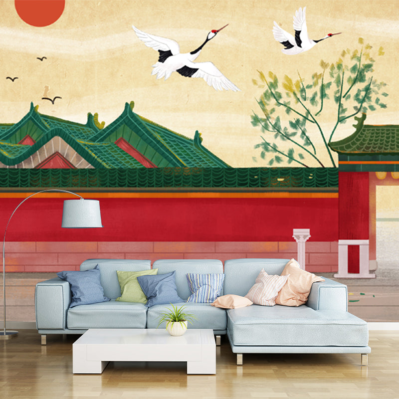 Chinese Ancient Architecture Mural Decal for Home Custom Wall Covering in Red-Beige