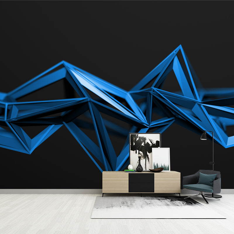 3D Geometrical Wallpaper Mural Modern Style Non-Woven Cloth Wall Decor in Blue on Black