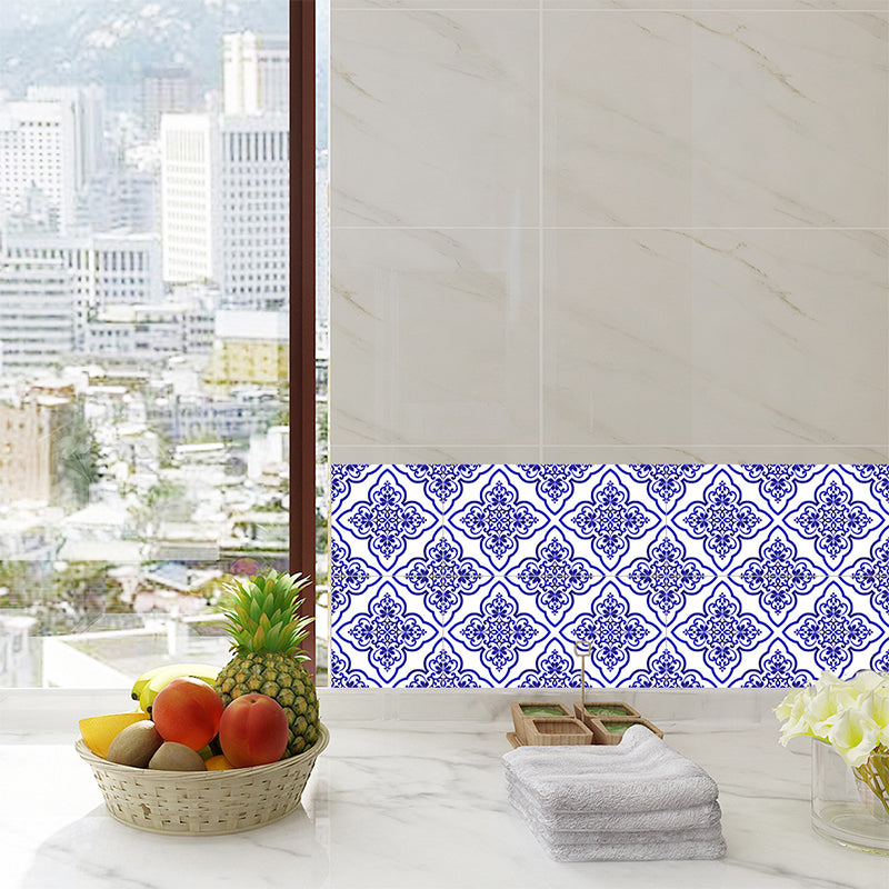 Floral Porcelain Tile Wallpaper Panels 18 Pcs Blue PVC Wall Decor, Easy to Remove, 7.8-sq ft