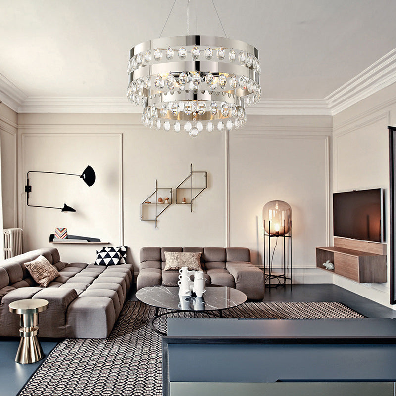 Tiered Ring Hanging Ceiling Light Metallic Multi Light Chandelier Lamp with Clear Crystal Deco in Chrome