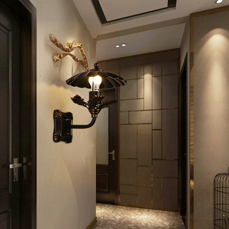 Metal Bronze Sconce Light Cone 1-Light Industrial Wall Lamp with Leaf Decoration and Square Backplate