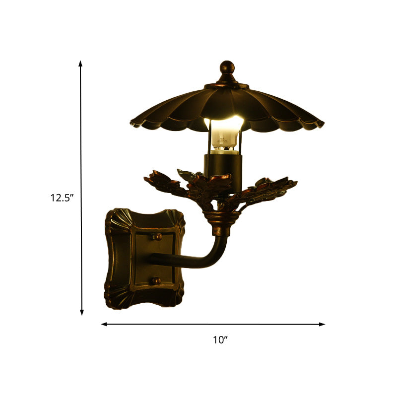 Metal Bronze Sconce Light Cone 1-Light Industrial Wall Lamp with Leaf Decoration and Square Backplate