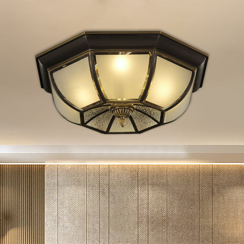 Concave Bowl Sitting Room Flush Mount Vintage Frosted and Ripple Glass 3/4-Bulb Black Ceiling Fixture, 14"/18" Width