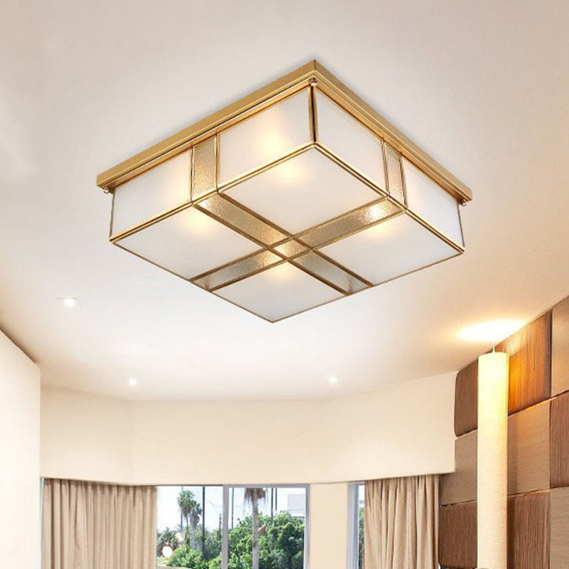 2-Bulb Cubic Flush Mount Lamp Warehouse Brass Opal Glass Ceiling Light Fixture for Bedroom