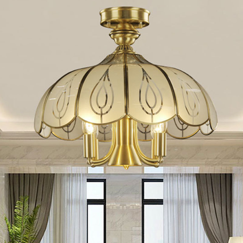 Latón 4 cabezas Semi Flush Estilo rural Vidrio esmerilado con techo cubierto de vidrio con patrón de hoja