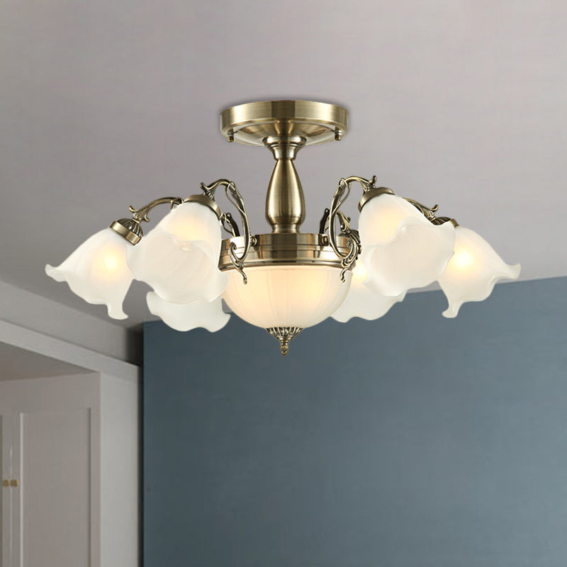 8 lampen Bloem Semi Montage Verlichtingsstijl Landelijke stijl Bronze/messing/koperen Melkglas dicht bij plafondlamp met schuifarm