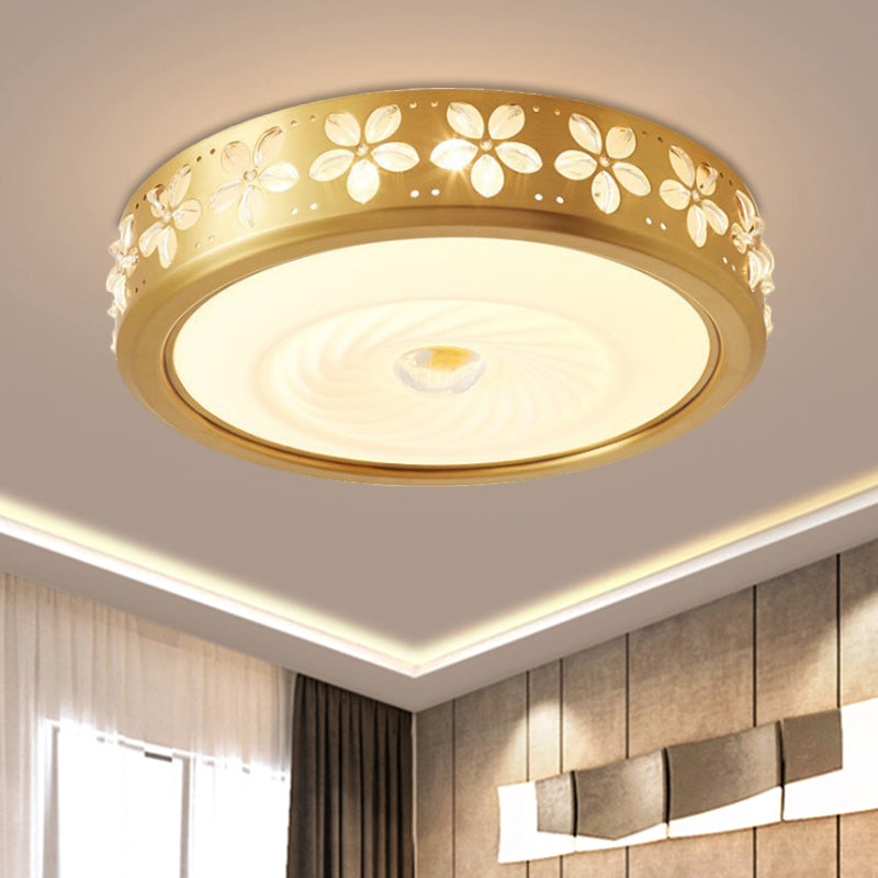 Rustic Style Drum Shape Flush Light Cream Glass LED Ceiling Mounted Fixture with Blossom Trim Decor in Brass
