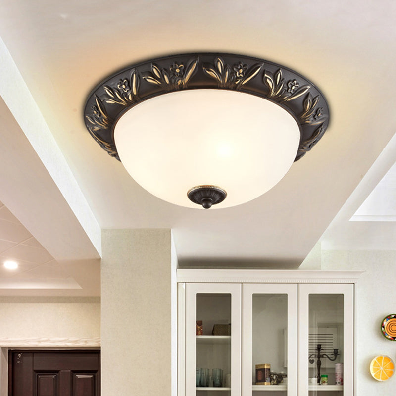 Frosted Glass Dome Flush Lamp Antiqued 12"/15.5" W 2/3-Head Bedroom Ceiling Fixture with Flower Edge Design in Brass/Black and Gold