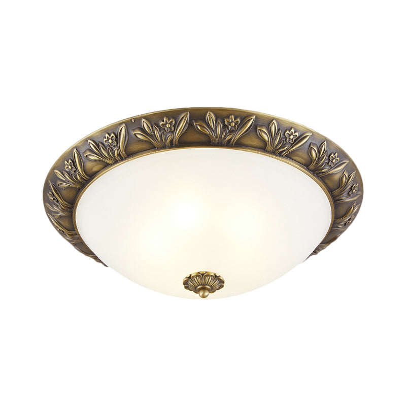 Frosted Glass Dome Flush Lamp Antiqued 12"/15.5" W 2/3-Head Bedroom Ceiling Fixture with Flower Edge Design in Brass/Black and Gold