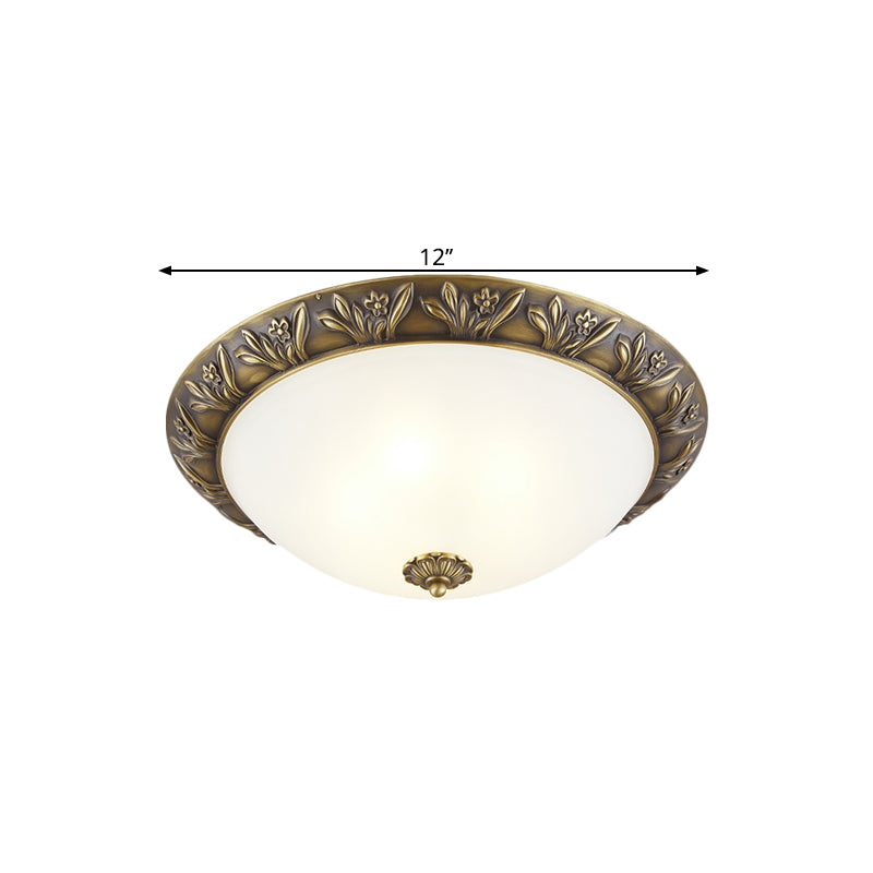 Frosted Glass Dome Flush Lamp Antiqued 12"/15.5" W 2/3-Head Bedroom Ceiling Fixture with Flower Edge Design in Brass/Black and Gold