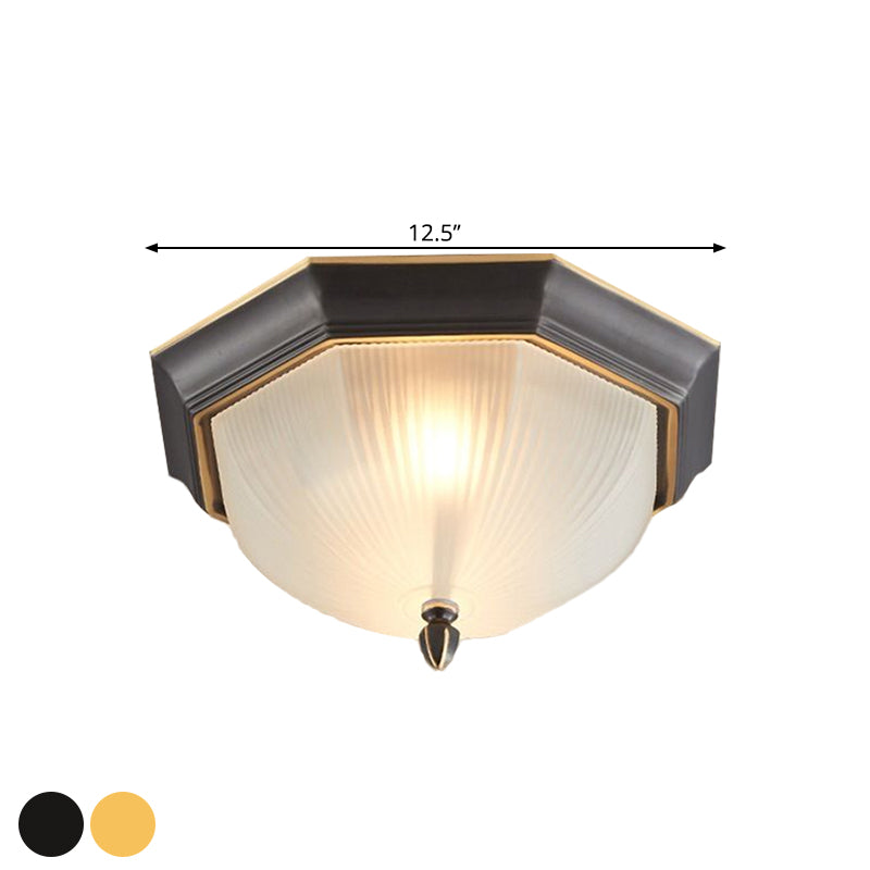 Classic Style Domed Ceiling Light 2 Bulbs Fluted Glass Flush Mount Lighting in Black and Gold/Brass