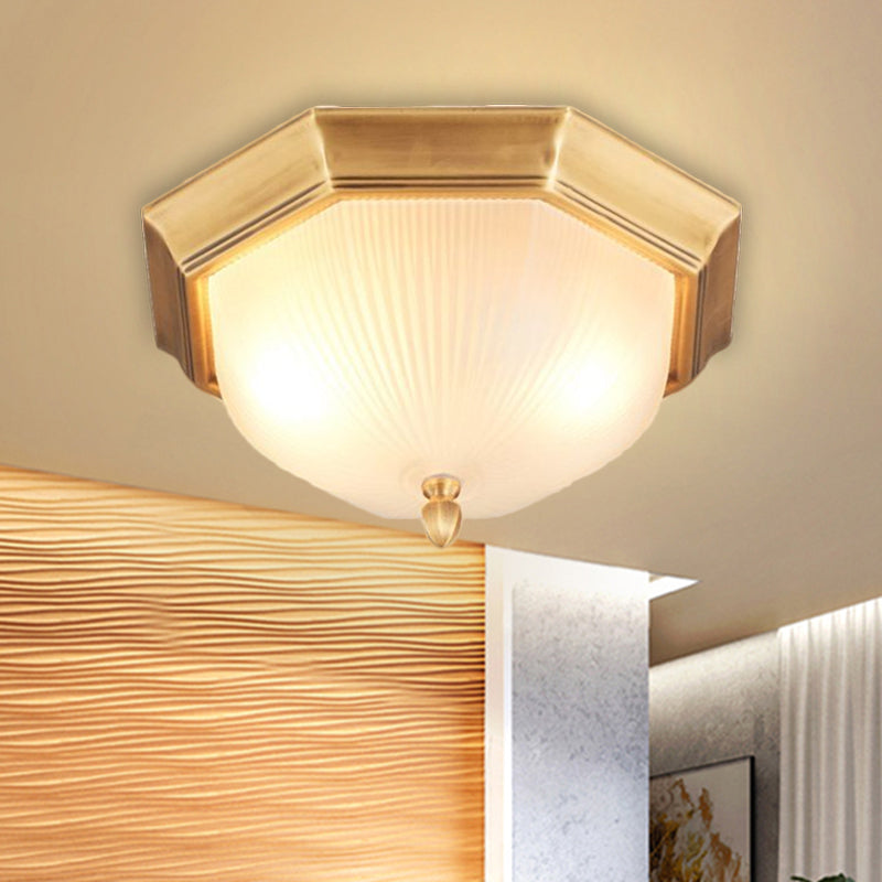 Classic Style Domed Ceiling Light 2 Bulbs Fluted Glass Flush Mount Lighting in Black and Gold/Brass