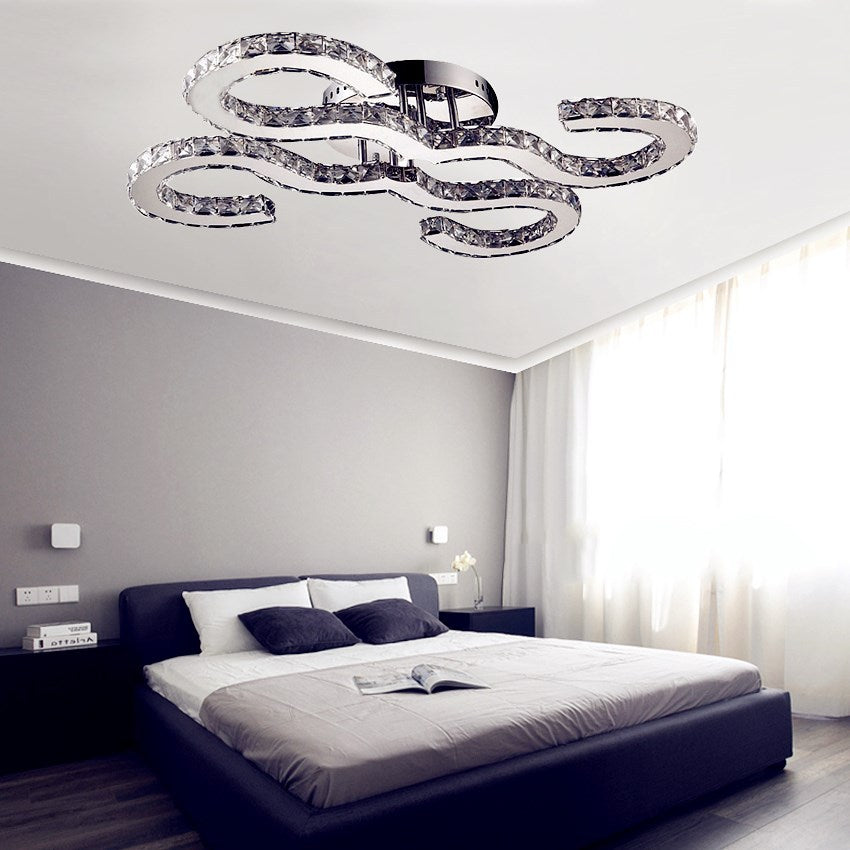 Zeitgenössische gekrümmte Decke Lichtkristall und Metall warm/weiß/3 Farbbeleuchtung Leuchten in Chrom für Schlafzimmer