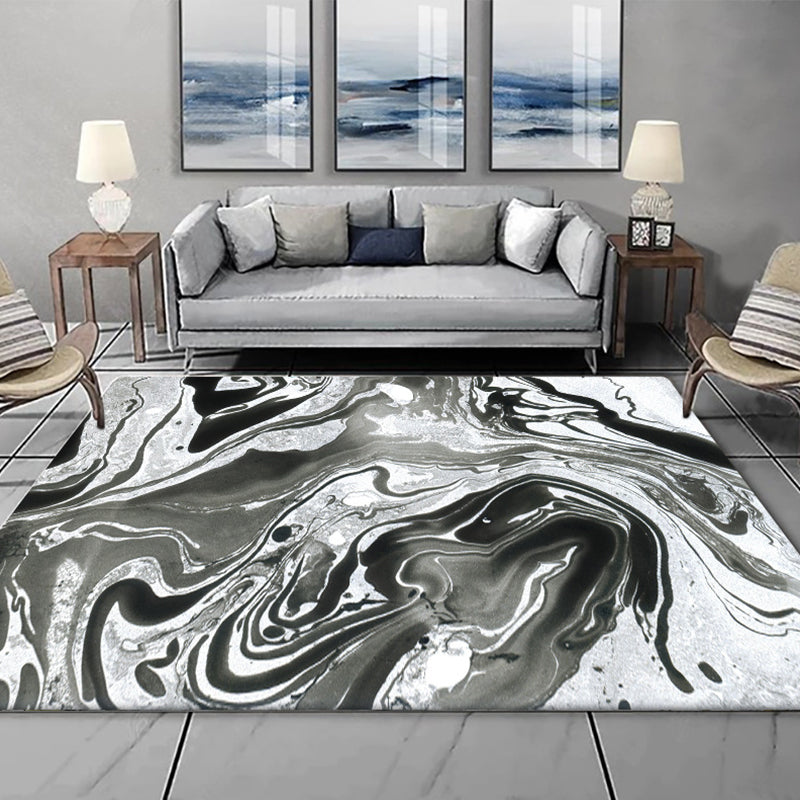 Modern Living Room Rug in Black and White Abstract Twisted Lines Pattern Rug Polyester Washable Area Rug