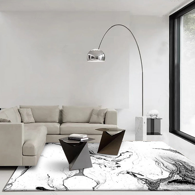 White Bedroom Rug Modern Abstract Ink Painting Pattern Area Rug Polyester Washable Carpet
