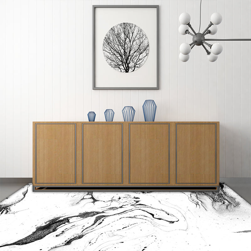 White Bedroom Rug Modern Abstract Ink Painting Pattern Area Rug Polyester Washable Carpet