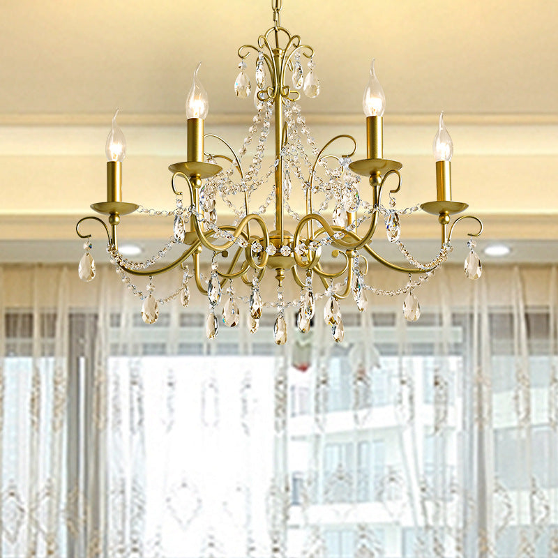 Vintage Style Bare Bulb Chandelier Pendant Light Metallic 3/6 Heads Hanging Lamp with Clear Crystal in Gold Finish